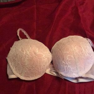Pink and white lace push-up bra